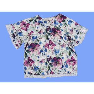 Plus Size 3X Floral White Stretch Top with Fringe Accents
